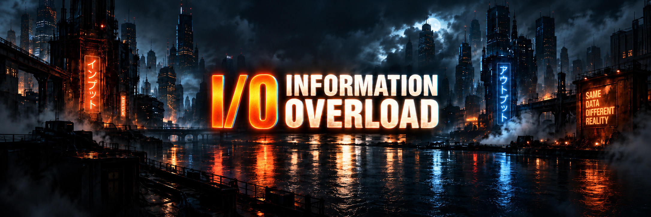 I/O Information Overload — orange neon typography over an electric-blue metropolis