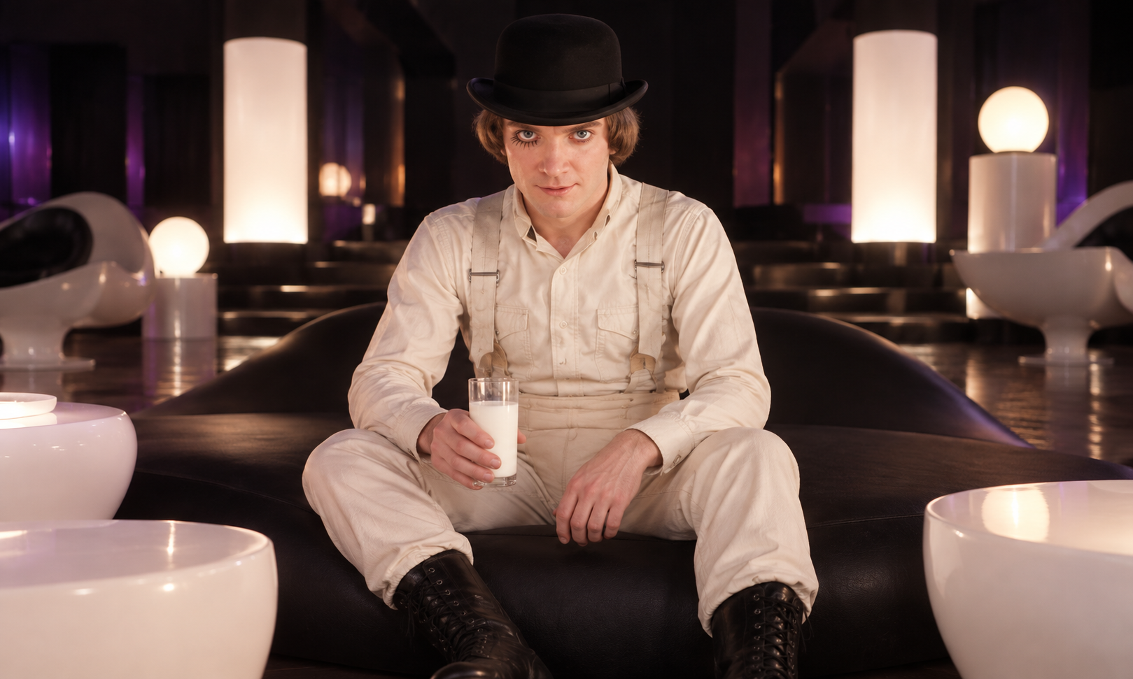 A bowler-hatted figure in white, seated in a glowing retro-futuristic milk bar