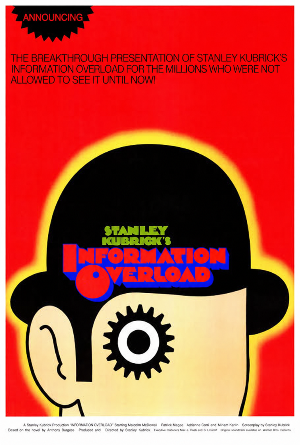 Information Overload's red retro-film tribute poster featuring a bowler hat and mechanical eye