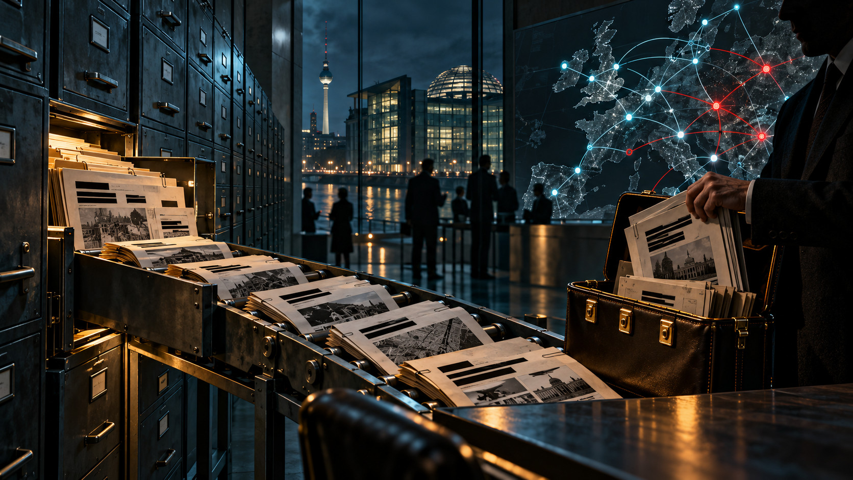 Conceptual illustration of redacted dossiers moving from an intelligence archive into a consultant’s briefcase beside a glowing map of European connections.