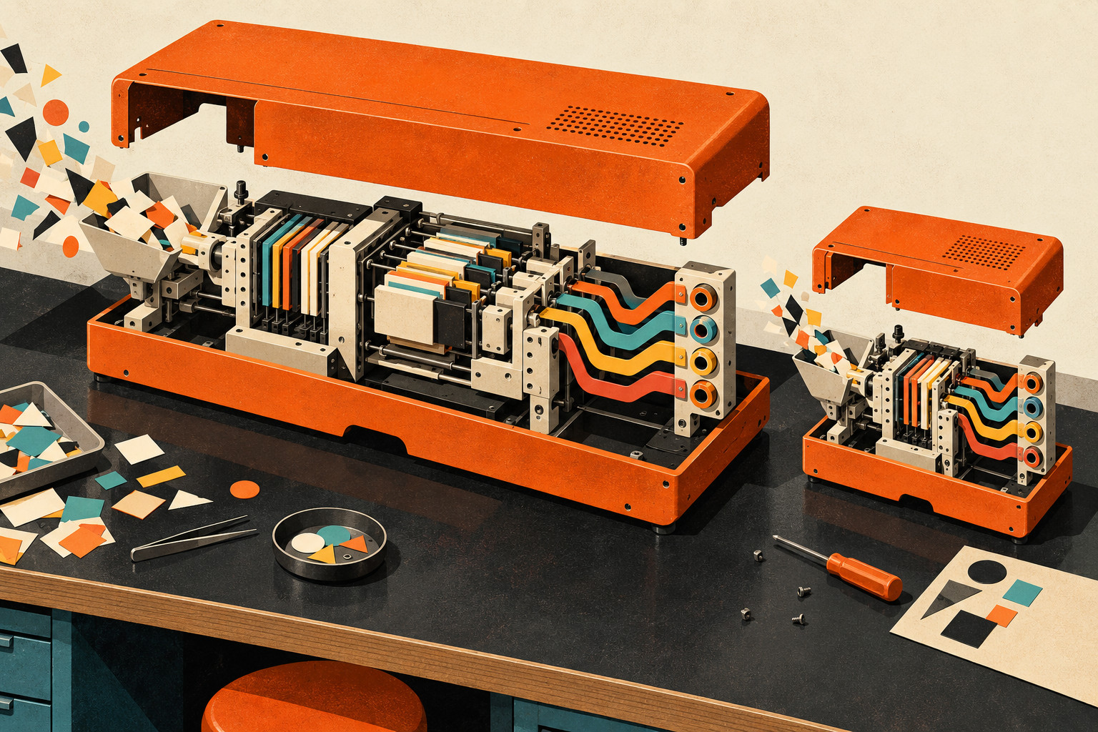 Two orange decision machines, one large and one compact, sit open on a workbench, sorting scattered geometric paper shapes into parallel colored paths and round sockets.
