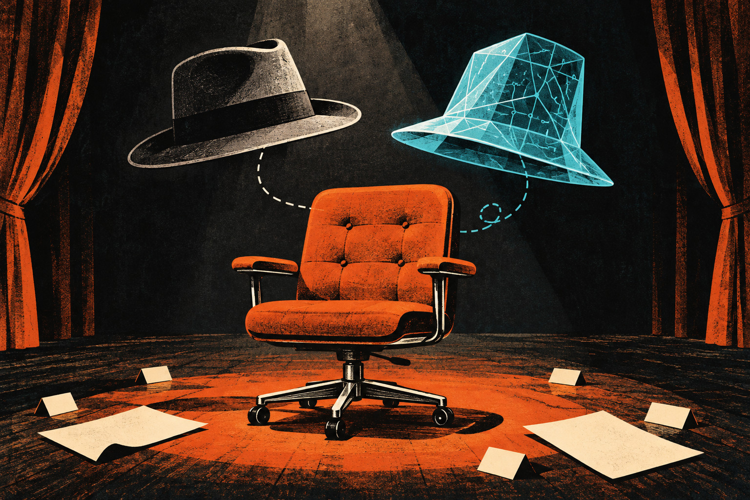 An empty orange office chair on a dark stage sits beneath a floating charcoal hat and a translucent turquoise circuit-patterned hat, with broken lines and blank papers suggesting a proposed dual role.