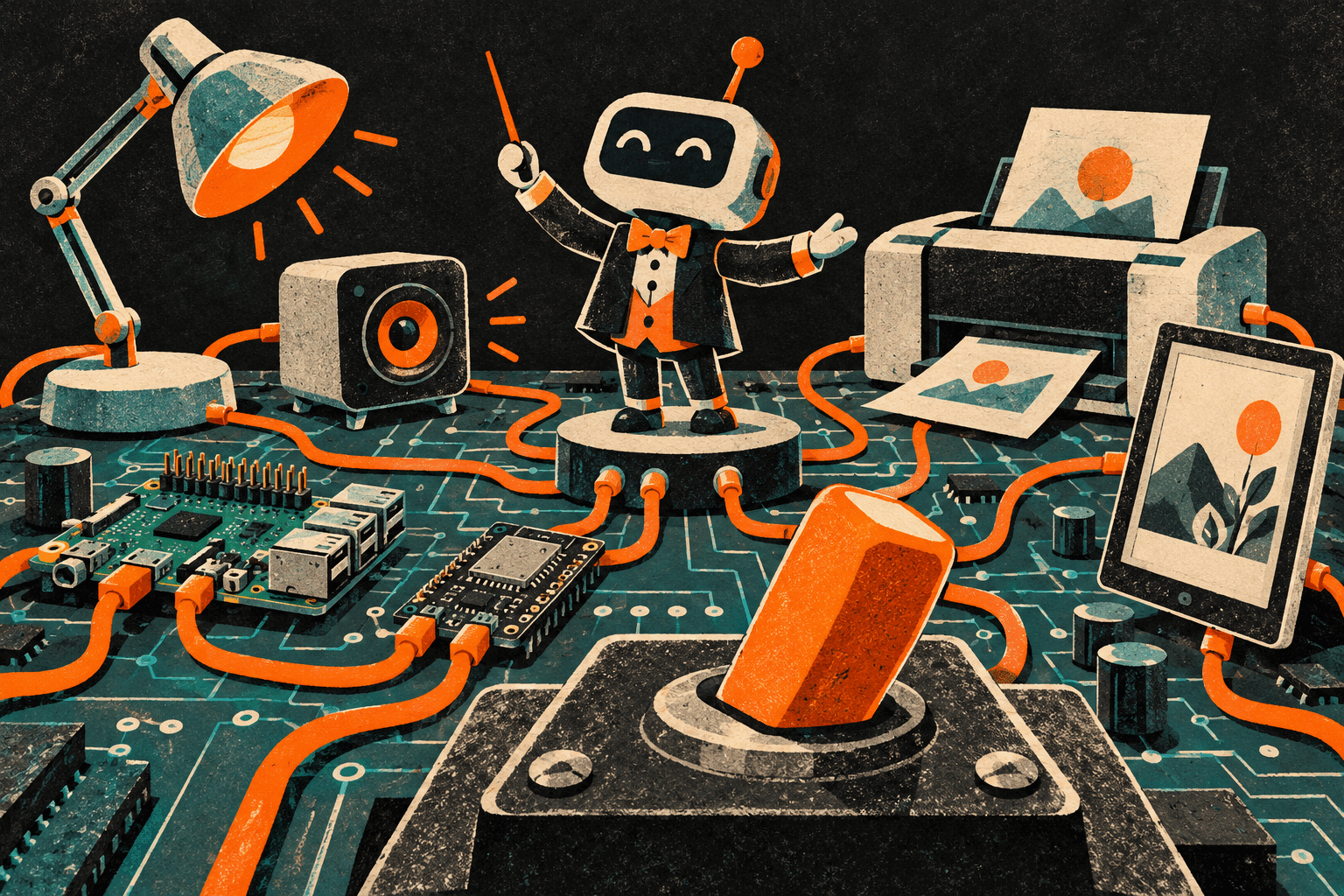A cheerful toy robot conducts orange-cabled household gadgets on a circuit-board workbench behind an oversized power toggle
