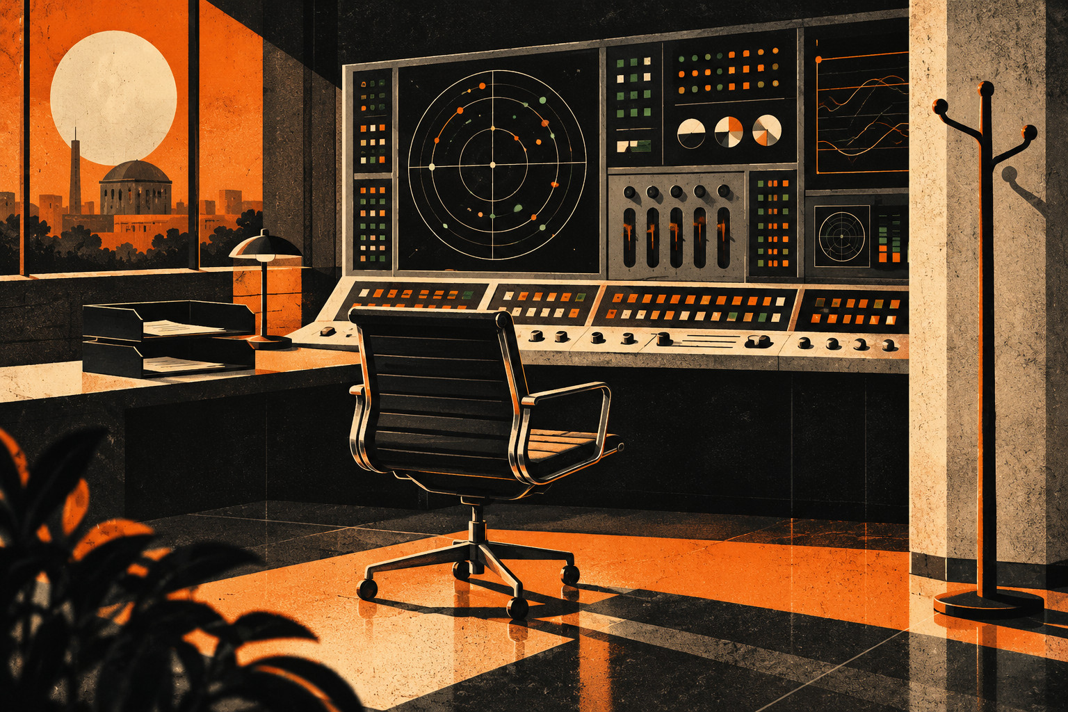 An empty black swivel chair faces a wall-sized illuminated control panel beside a bare coat stand and document trays, rendered in textured black, ivory and burnt orange