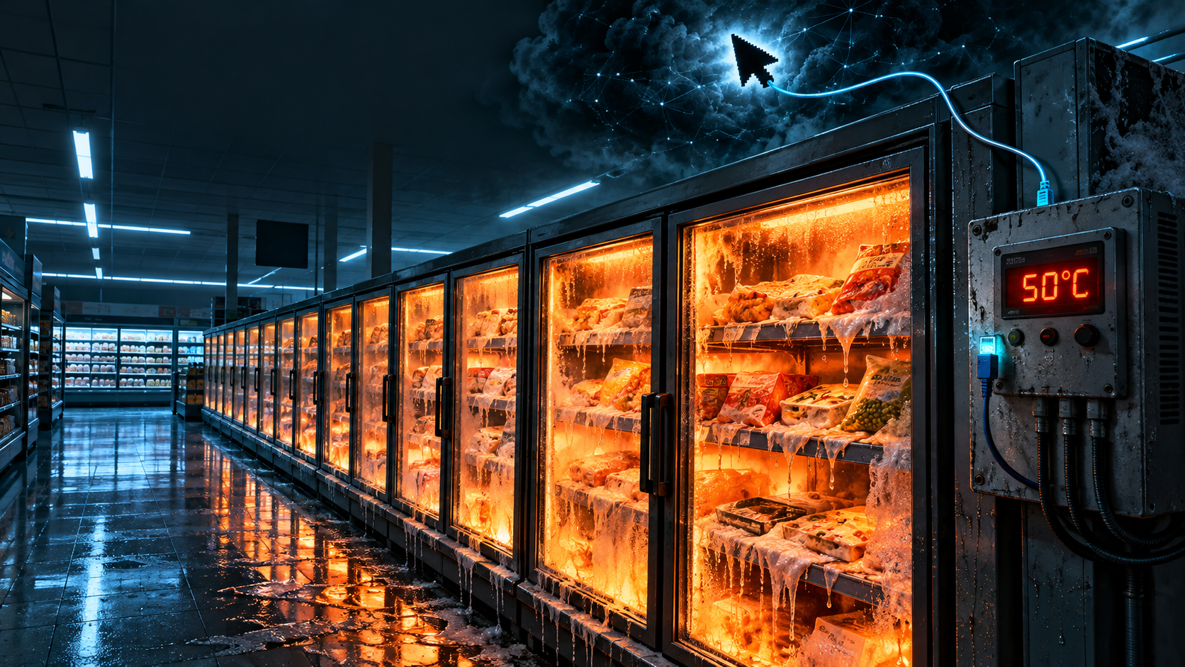 Editorial illustration of a dark supermarket freezer aisle glowing orange as food thaws, beside an internet-connected control panel reading 50°C and a network cable leading to a cursor-shaped cloud.