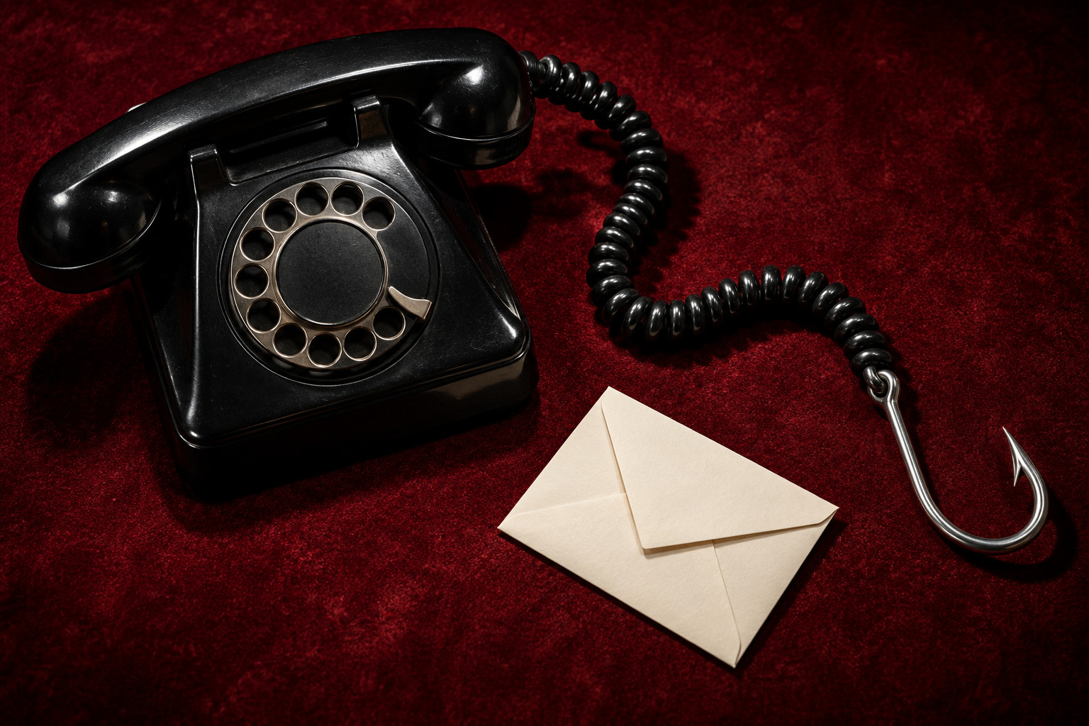 Conceptual noir still life of a black rotary telephone whose coiled cord ends in a gleaming silver fishing hook, beside a blank cream envelope on deep burgundy felt.