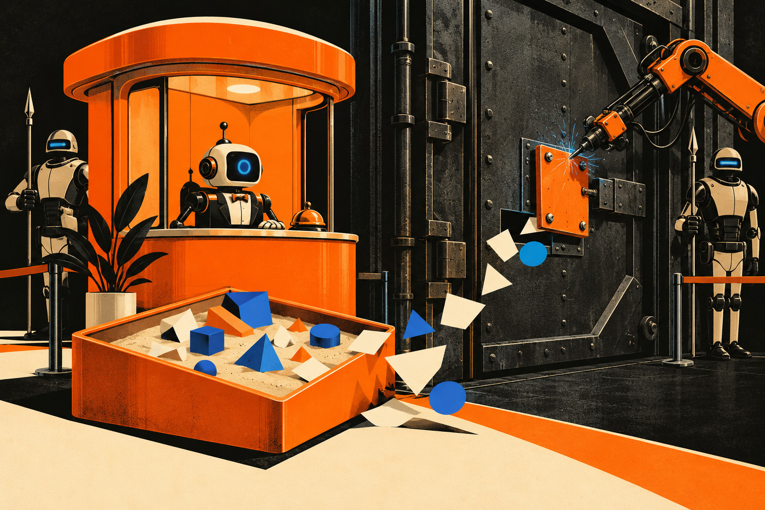 Retro-industrial robot concierge in an orange booth beside a sandbox of geometric shapes, while a mechanical arm bolts a patch over an opening in a guarded steel door.