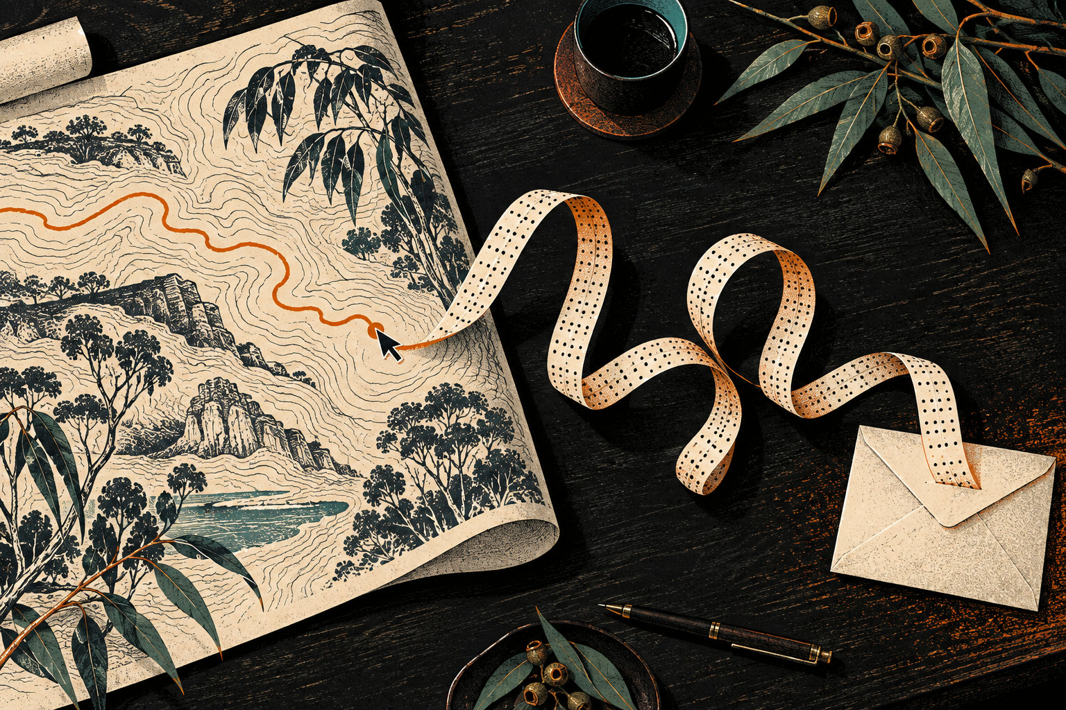 A contour map with eucalyptus silhouettes and an orange cursor route connects by looping perforated paper tape to a cream envelope on a charcoal desk.