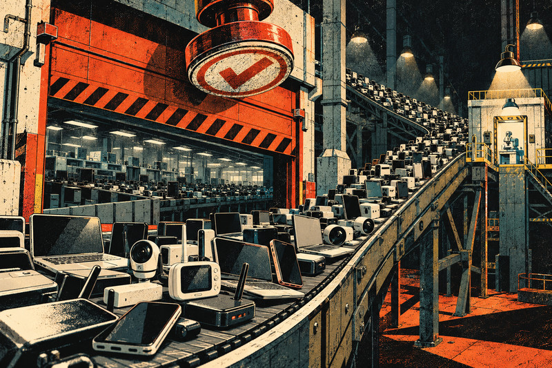 A vast conveyor crowded with phones, laptops, routers and cameras climbs from an industrial test hall toward one tiny inspection booth beneath an oversized approval stamp.