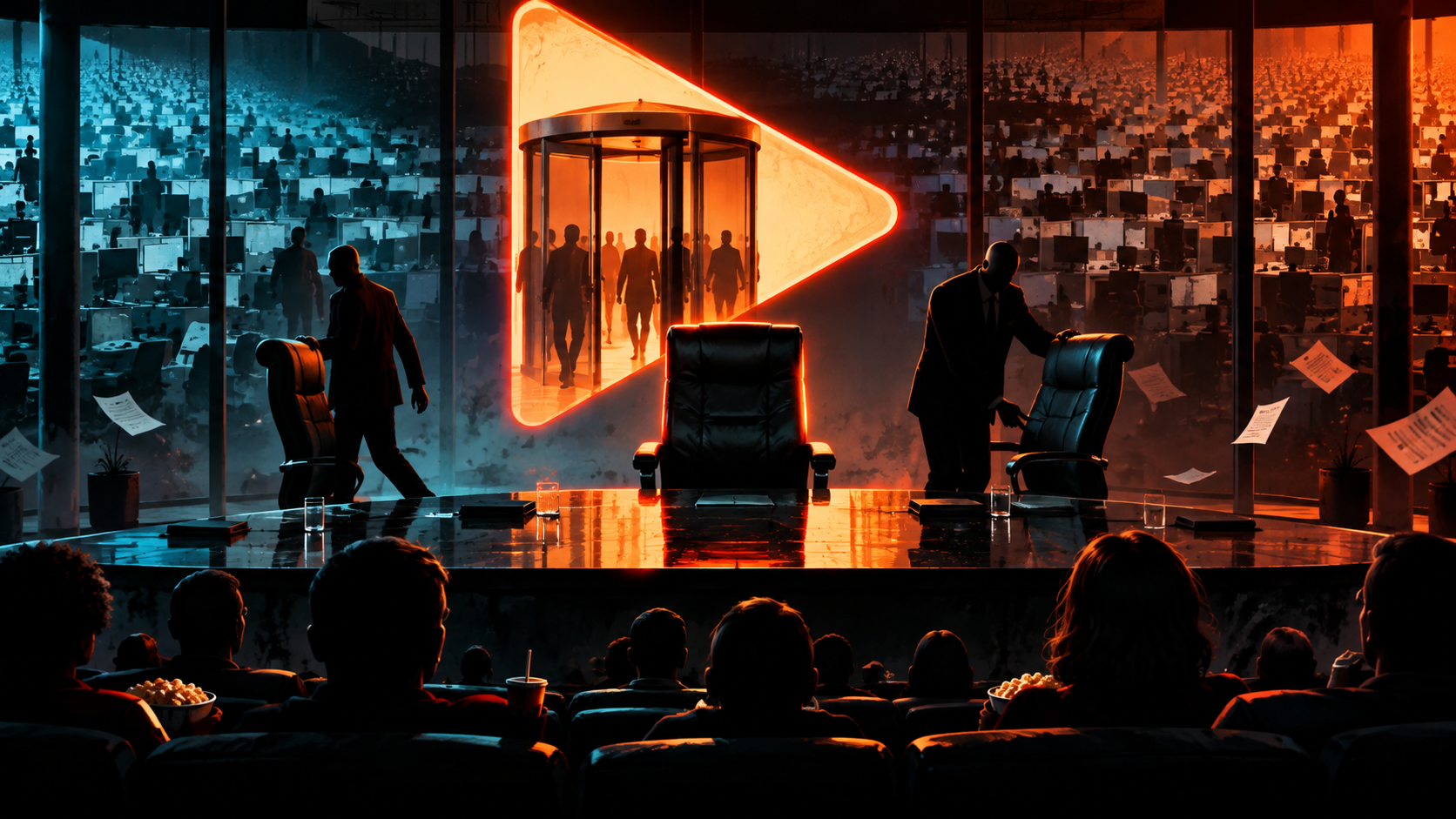 Conceptual editorial illustration: anonymous executives exchange seats in a dark boardroom while an orange play-button-shaped revolving door glows over rows of office desks; silhouetted viewers watch from a theater.