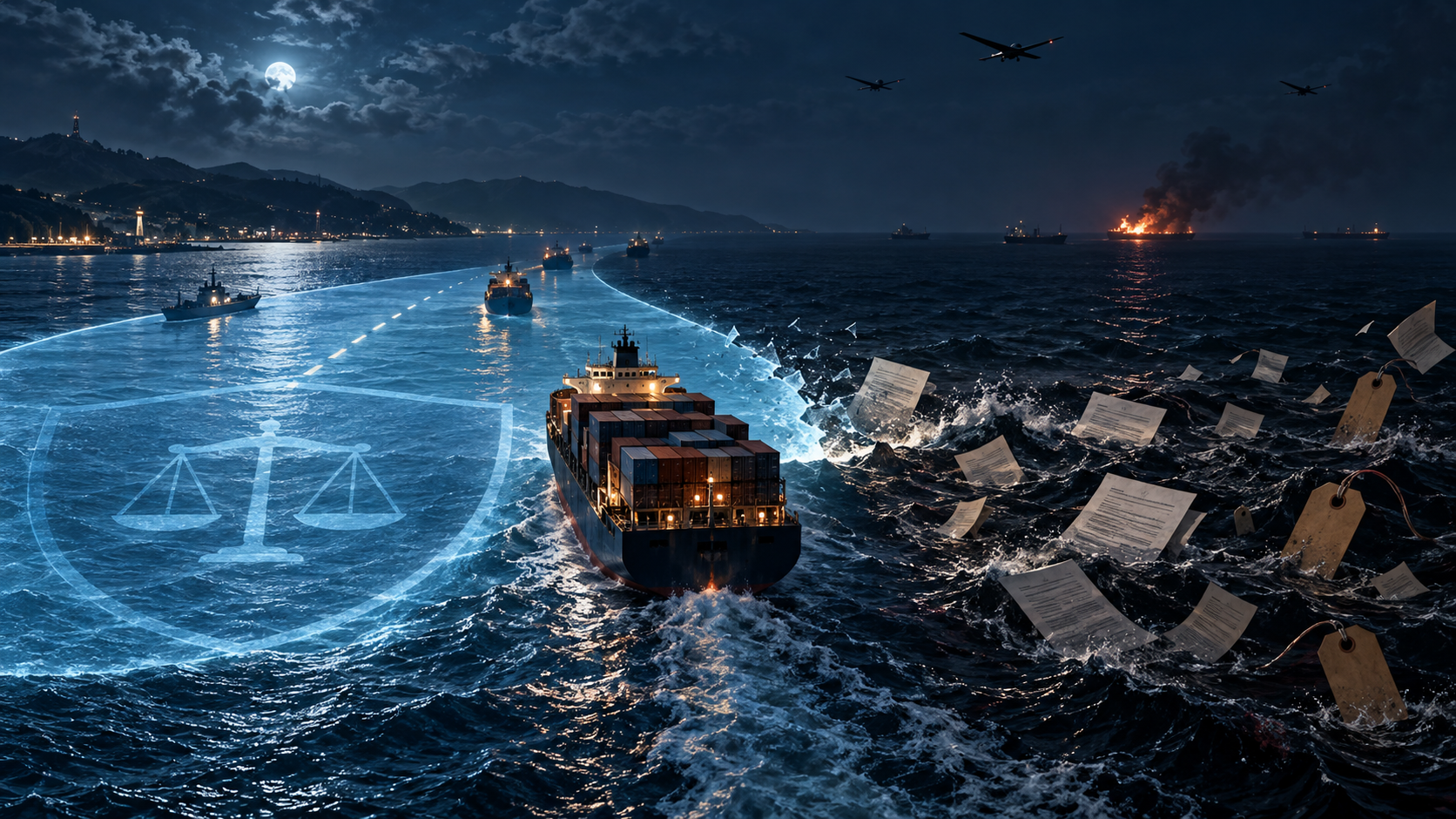 Conceptual AI illustration of a cargo ship leaving a glowing symbolic protected lane into rough dark water, with insurance papers, blank price tags, drones and a distant burning vessel. Not a map, documentary photograph or claim of proven responsibility.