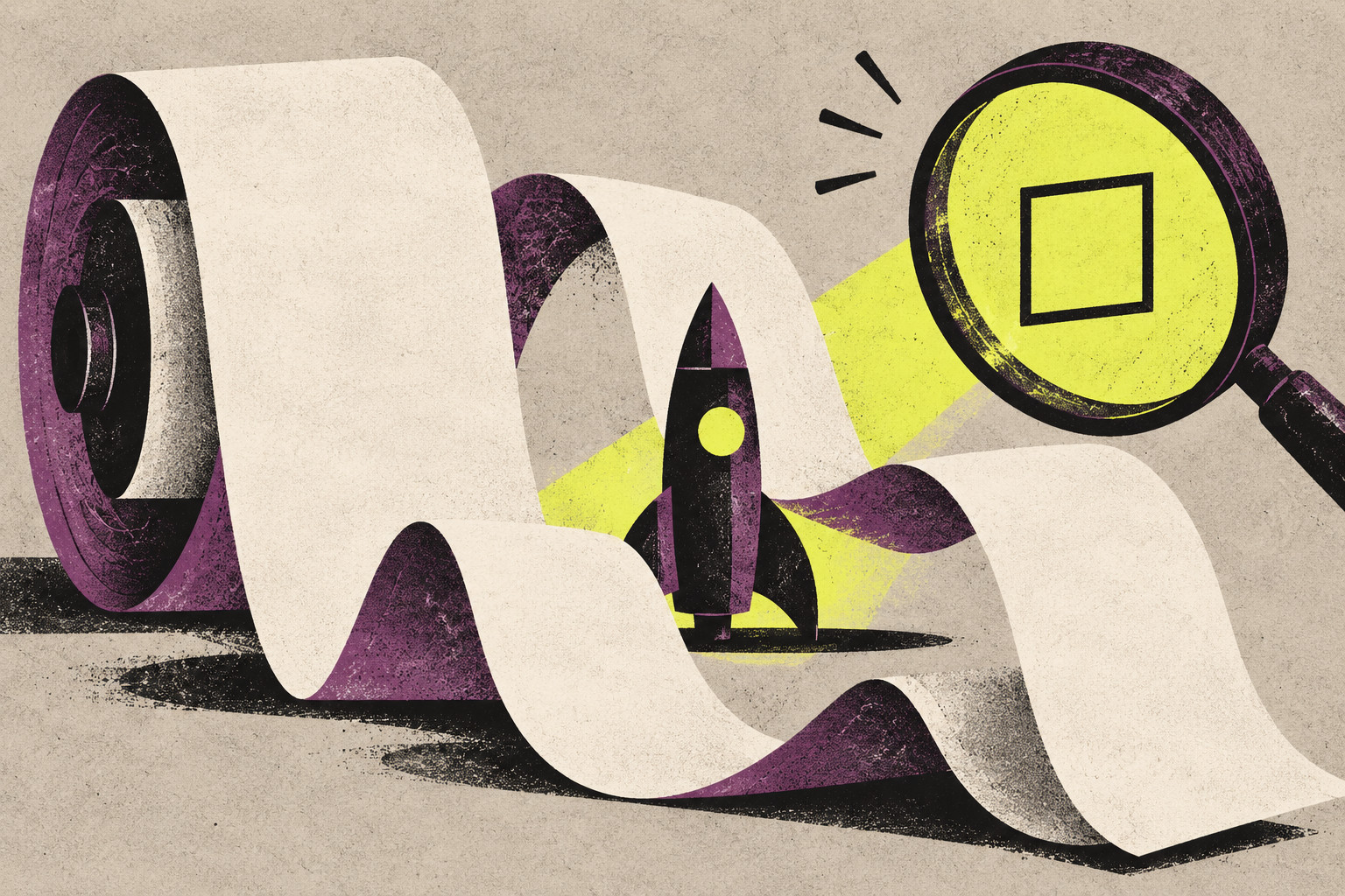 Vintage-style plum, yellow, and black illustration of a blank receipt curling around a toy rocket while a magnifying glass examines an empty checkbox, symbolizing an unverified claim.