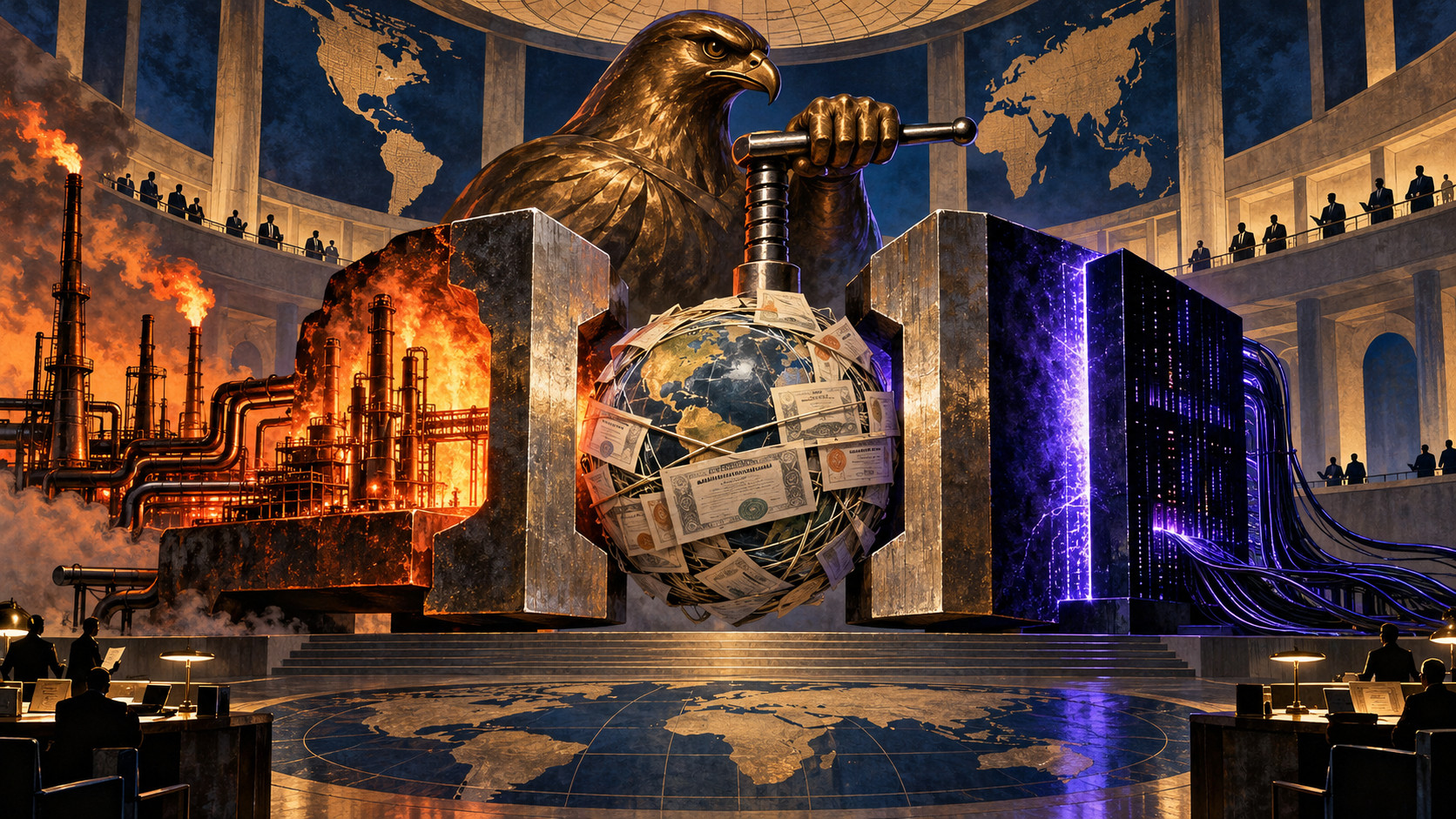Surreal editorial illustration of a bronze hawk tightening a giant vise around a debt-wrapped globe between a burning oil refinery and a glowing black AI monolith as policymakers watch from balconies.