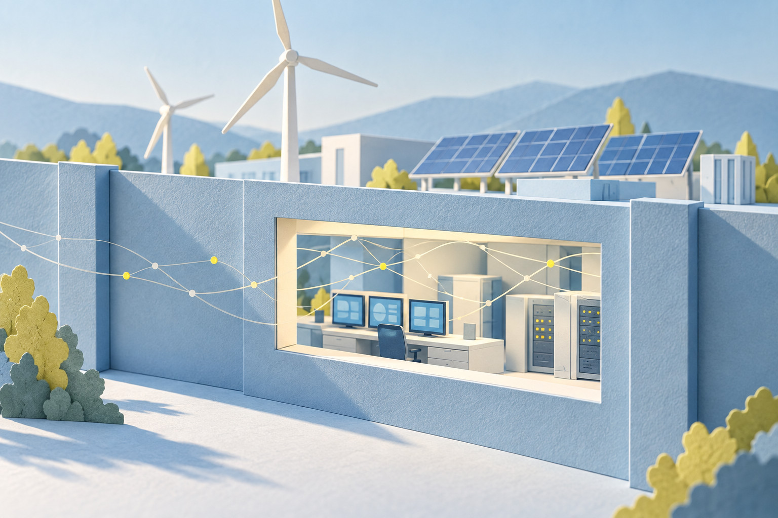 Icy-blue paper diorama of an energy control room with an open window and delicate network lines, with wind turbines and solar panels behind it.
