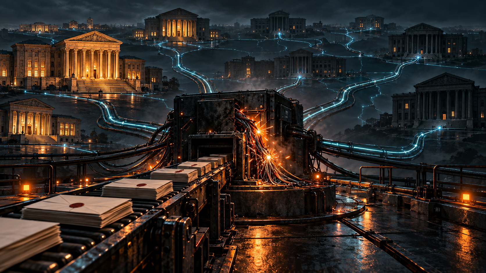 Conceptual night scene of courthouse buildings connected by cyan cables to a sparking black relay box, with a conveyor of sealed notices in the foreground; not evidence of the incident’s technical cause.