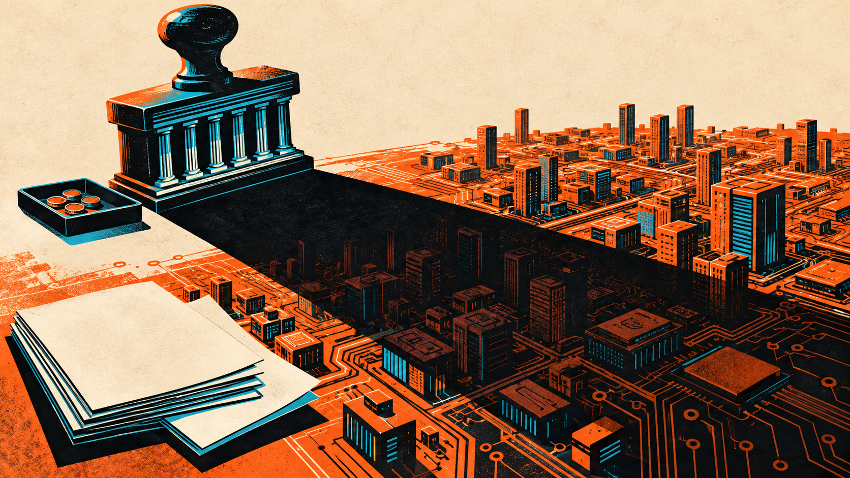 Editorial illustration of a classical-column rubber stamp casting a long black shadow over an orange circuit-board city, with blank papers and a small coin tray beside it.