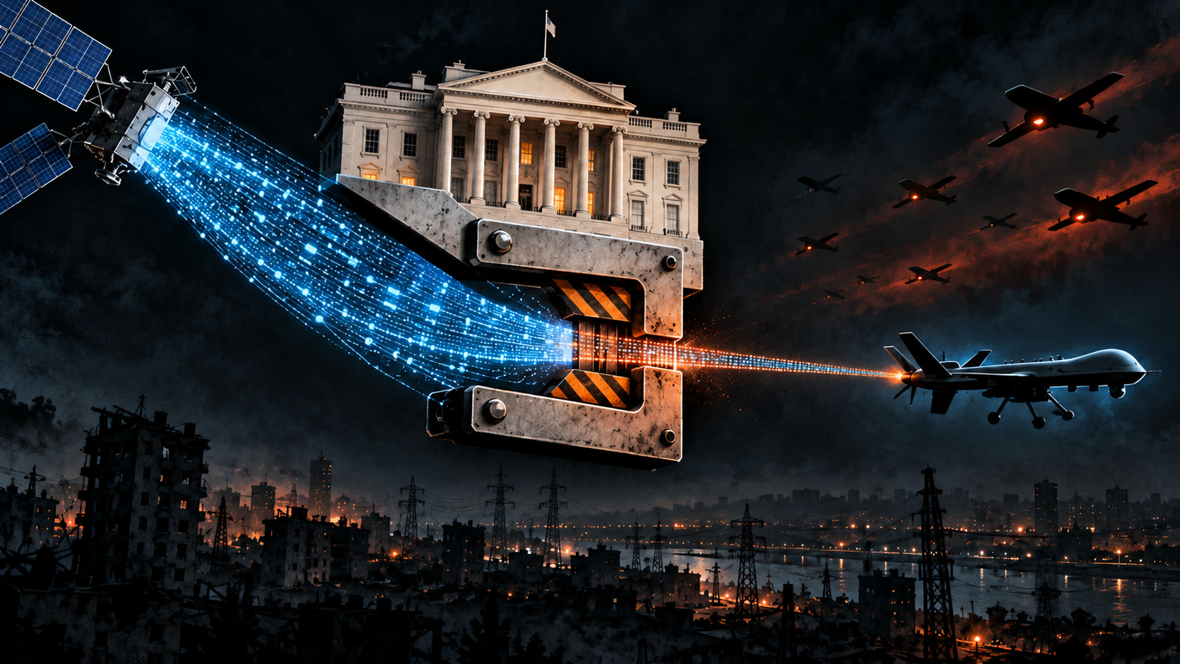 Conceptual illustration of the White House inside a steel clamp narrowing a satellite signal toward a military drone above a dark city and power lines. AI-generated, not a news photograph.