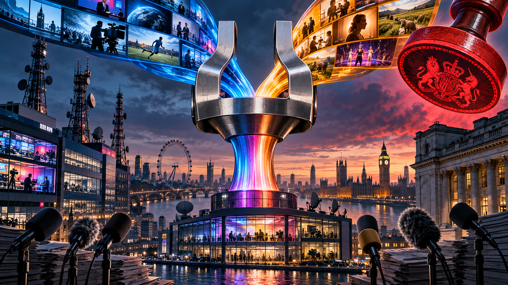 Conceptual AI illustration of blue and amber broadcast and streaming images passing through a steel funnel above London, with microphones and a symbolic red review stamp. Not a photograph or evidence of a completed merger.