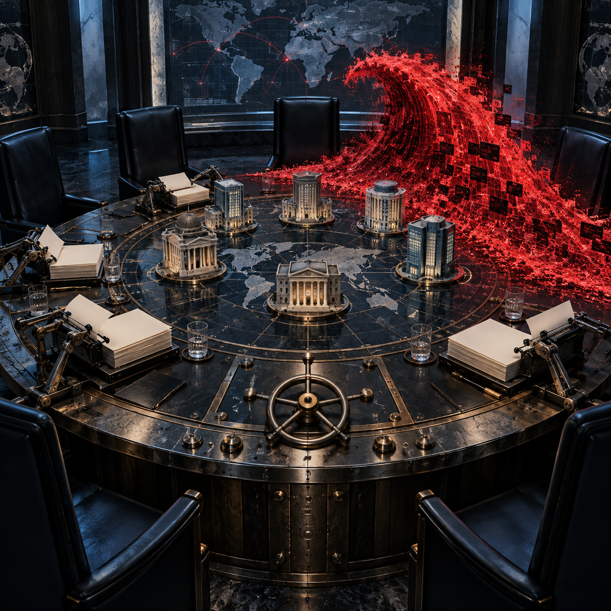 Conceptual AI illustration of empty chairs around a vault-door conference table holding miniature banks and blank manuals, while a red digital wave enters the room. Not a photograph of the G7 meeting.