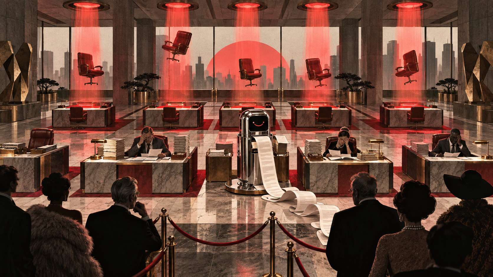 Editorial illustration of a retro-futurist banking hall with five empty leather chairs floating in red beams, three advisers bent over paperwork, and a smiling chrome kiosk printing a long paper trail as clients wait behind velvet ropes.