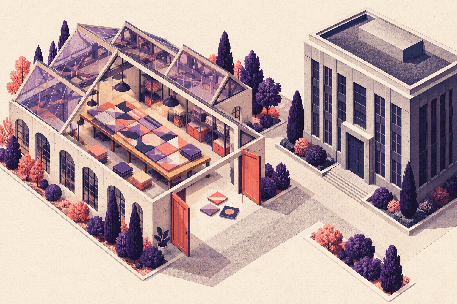 Isometric paper-textured workshop with a transparent purple roof, coral open doors and patterned tiles on a long workbench, facing a closed dark corporate office.