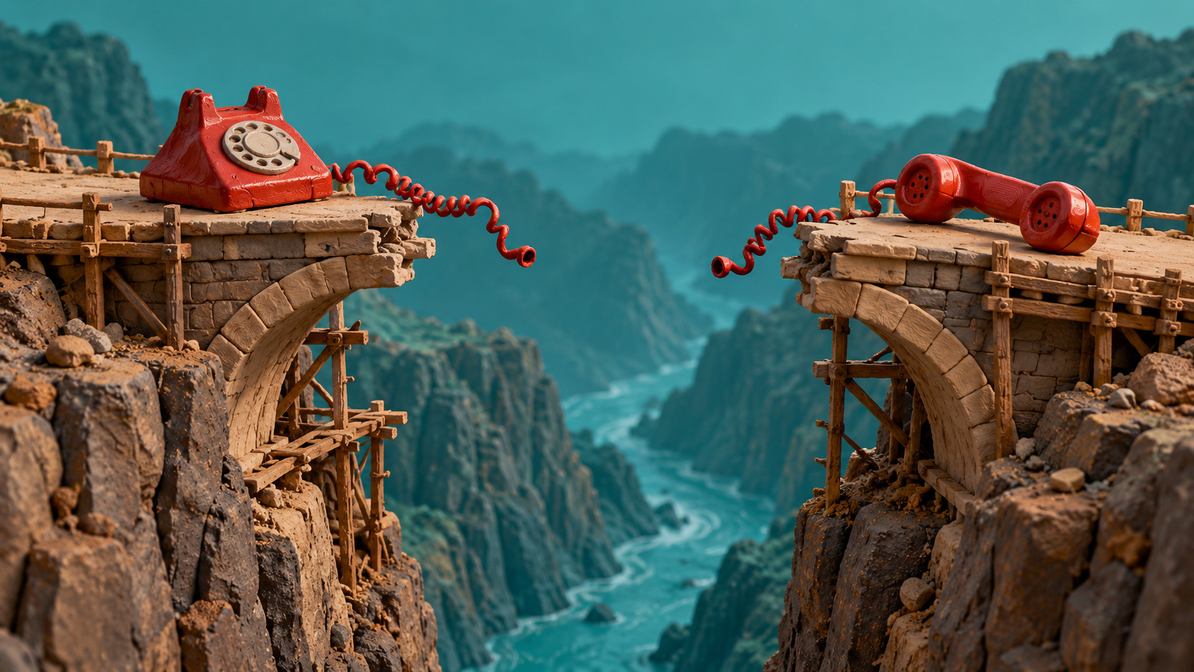 A clay red telephone base and receiver sit on opposite ends of an unfinished bridge, with disconnected coiled cords hanging over a teal ravine.