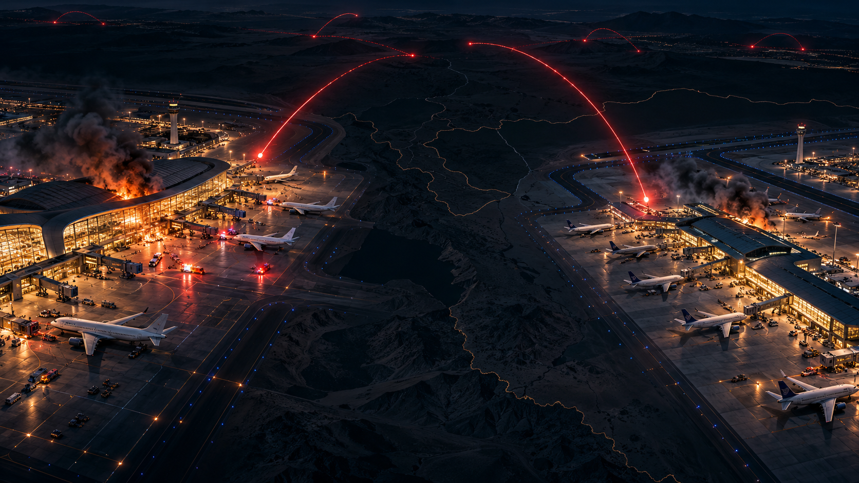 Generated editorial illustration of two airports at night on opposite sides of a dark regional map, with grounded aircraft, emergency lights, smoke and red arcs suggesting threats.