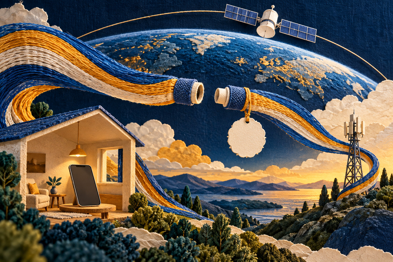 Cobalt, saffron and ivory woven signal ribbons surround a blank cellphone in a cutaway room, an orbital satellite and a distant mast; a visibly disconnected central clasp and blank hanging seal suggest a proposed network awaiting approval.