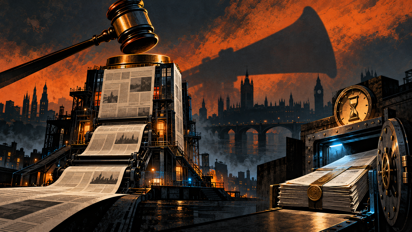 AI-generated conceptual illustration of a giant newspaper press beneath an auction gavel, with sealed papers emerging from an hourglass-marked vault against a London skyline. Orange, black and blue tones symbolize media ownership and delayed regulatory disclosure, not an actual sale or proceeding.