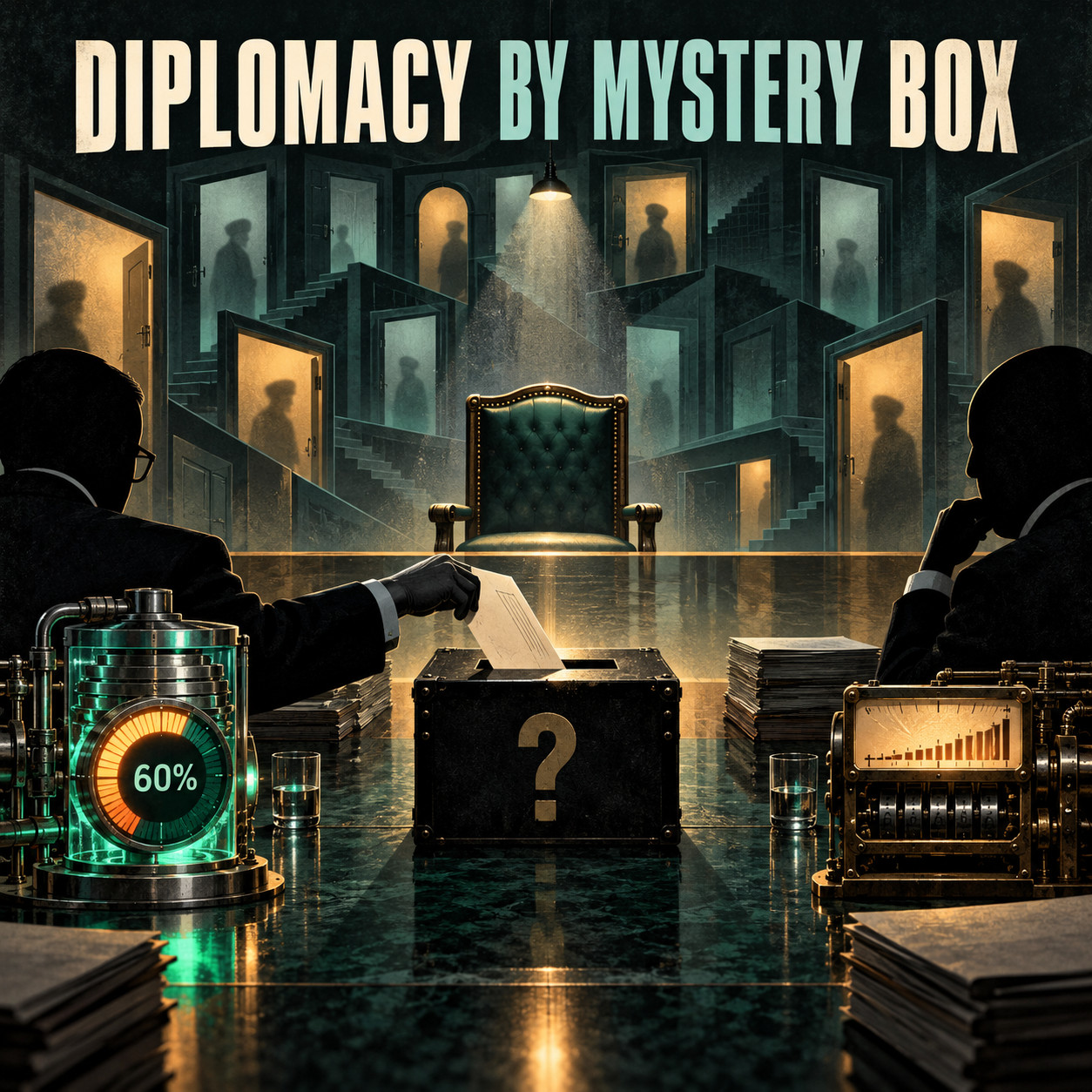 Two anonymous negotiators face an empty green chair before a maze of shadowed doors, feeding a written demand into a black mystery box beside a glowing 60% enrichment dial and a rising mechanical cost meter.