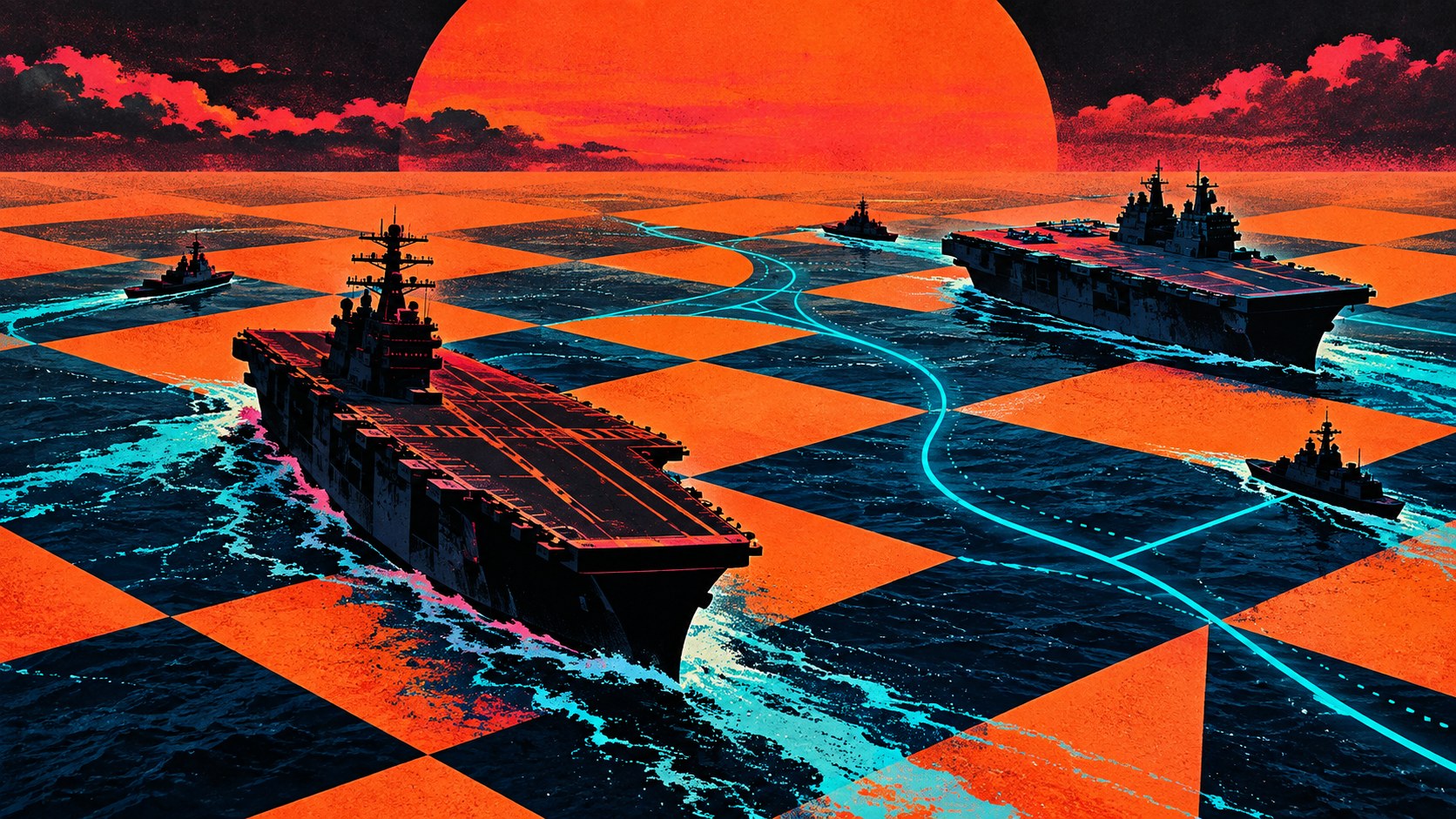 Conceptual illustration of naval ships crossing an orange-and-black ocean chessboard with glowing cyan sea lanes.
