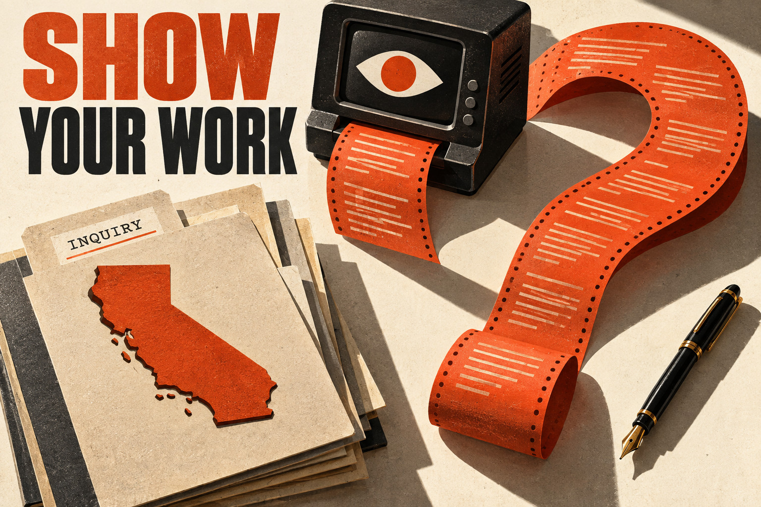 Orange-and-ivory editorial collage: a small computer prints a question-mark-shaped paper trail beside a California-shaped cutout, folders marked Inquiry, and the words Show Your Work.