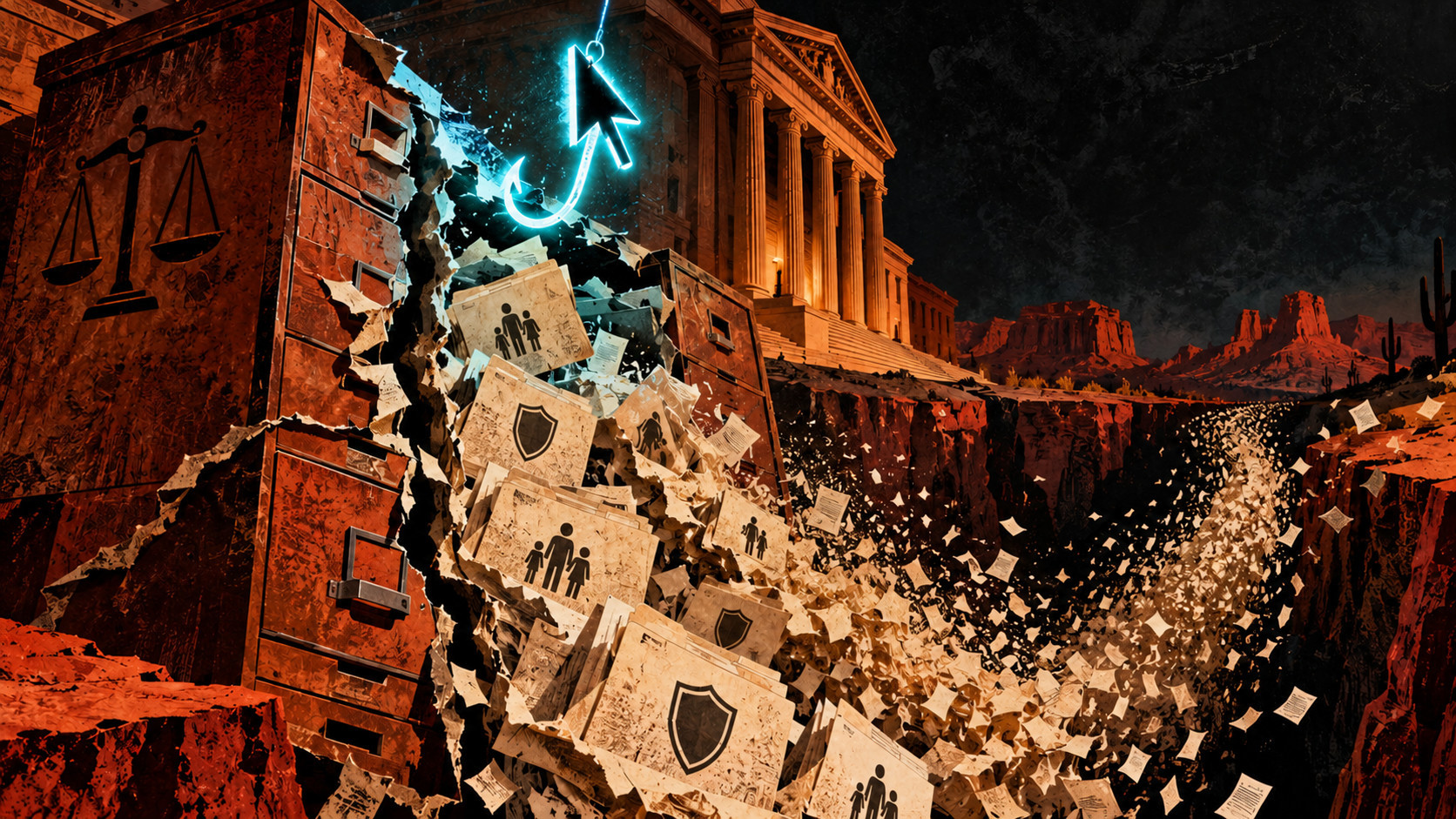 A glowing cyan phishing-hook metaphor opens a courthouse filing cabinet, with shield- and family-marked folders spilling toward an Arizona desert ravine.