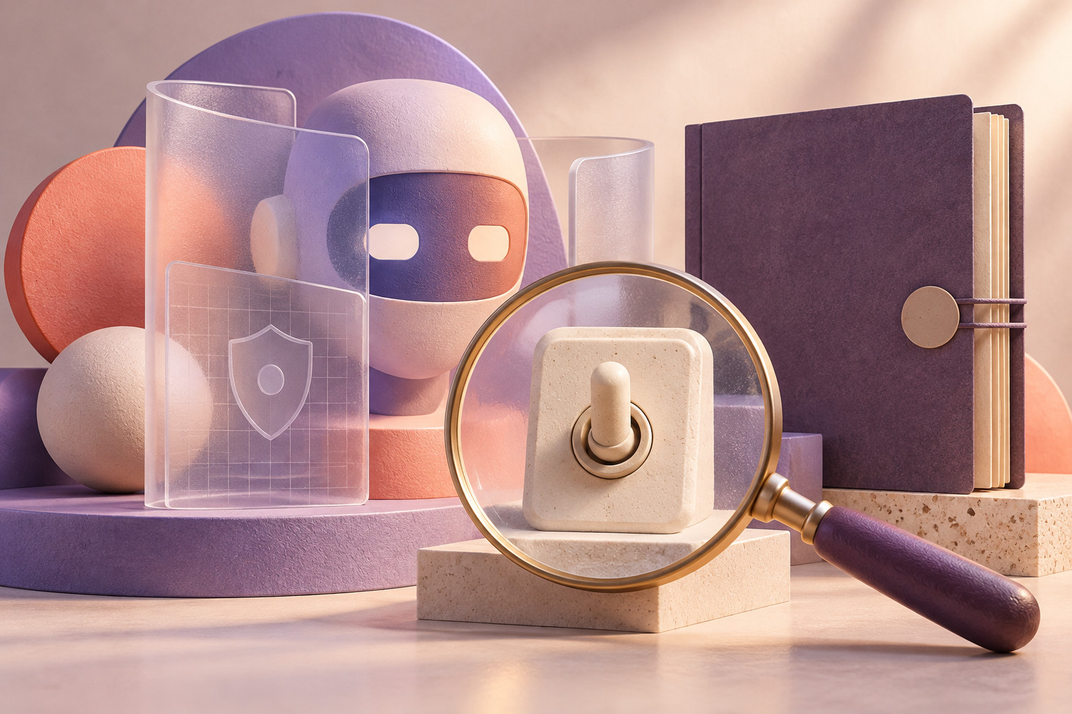 Violet, coral and cream sculptural illustration of an abstract chatbot mask behind translucent safety panels, beside a closed dossier and an intact switch examined through a magnifying glass.