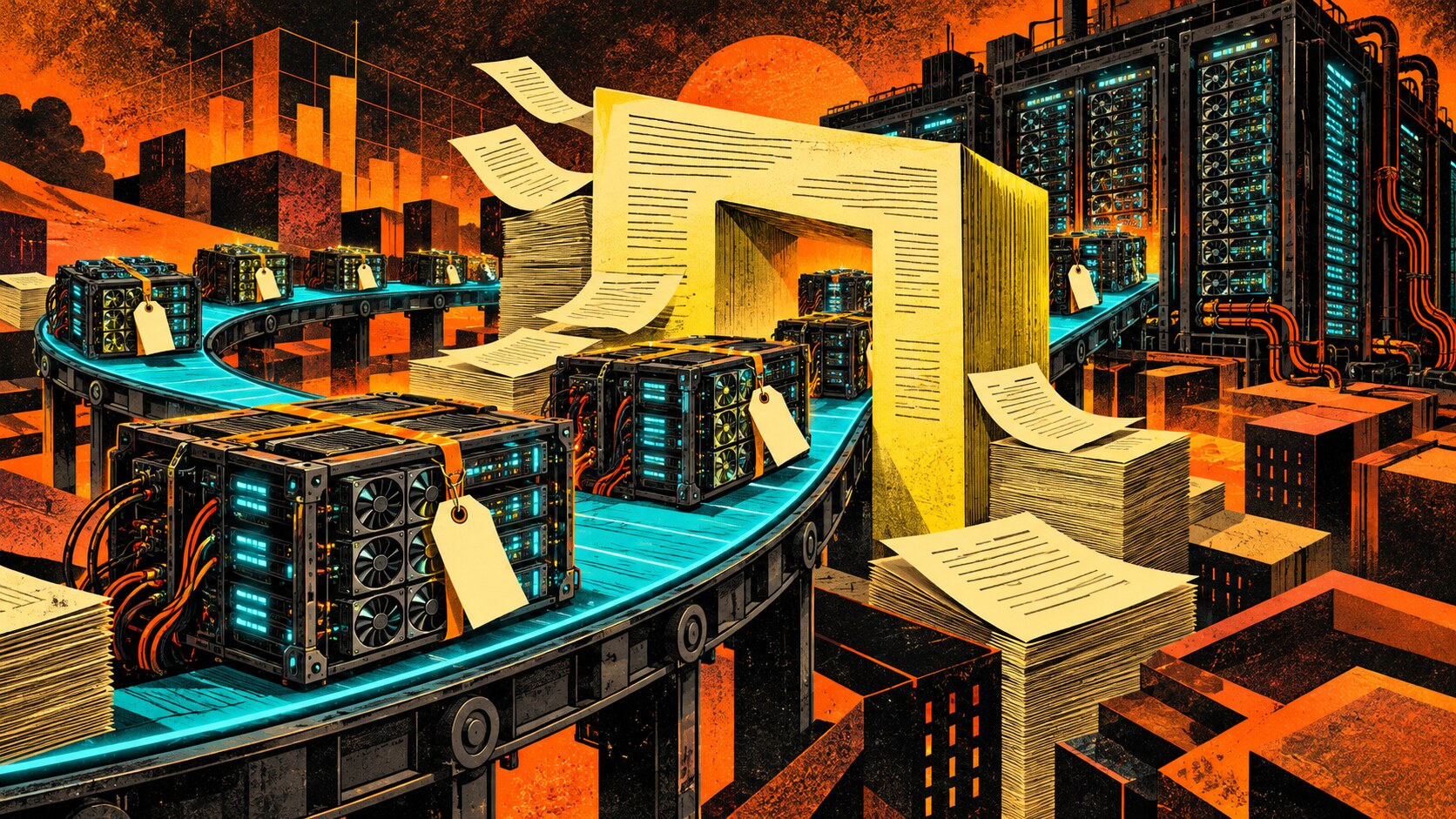 GPU server crates with blank lease tags circle on a cyan conveyor through an arch of corporate paperwork, in an orange-and-black retro-futurist city.