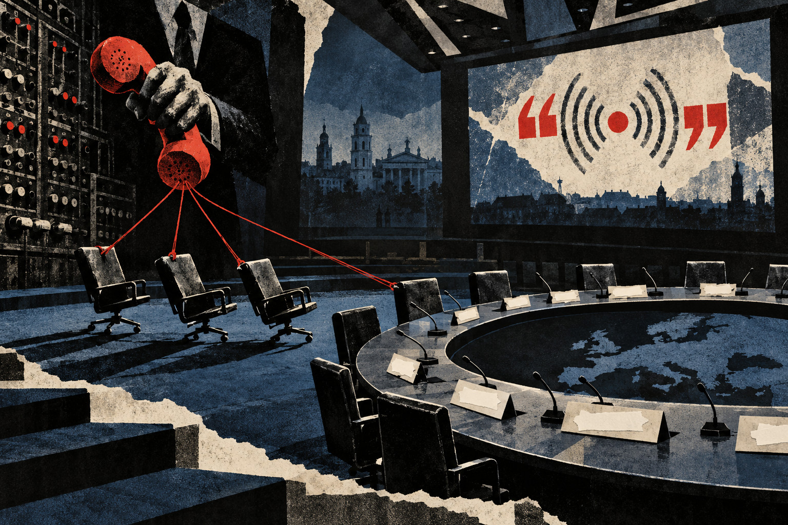 Editorial collage of a suited figure holding a red telephone beside a switchboard. Red cords pull empty chairs away from a conference table with taped-over nameplates; a stylized Vilnius skyline and quotation-mark symbols fill the background.