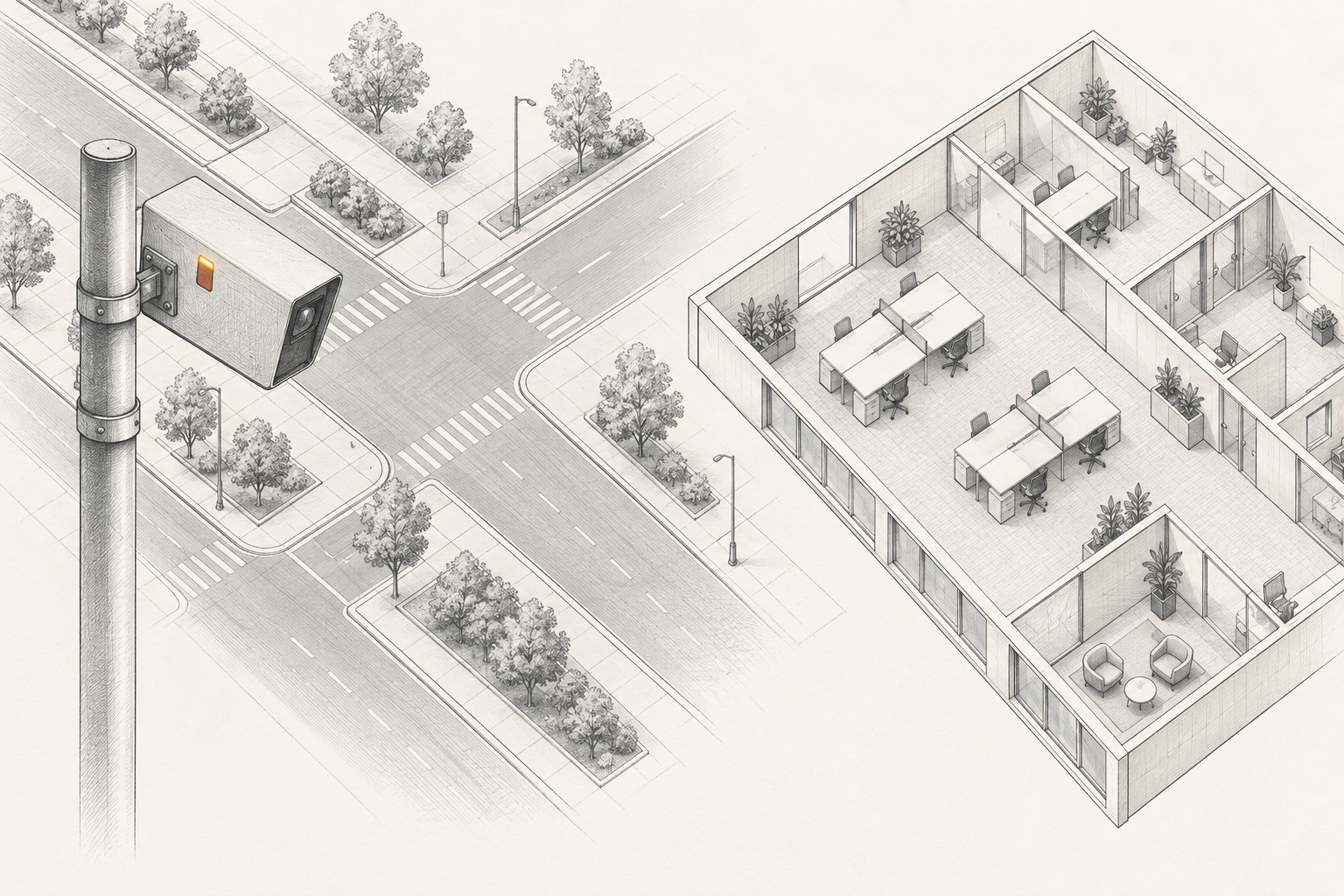 Architectural ink illustration of a generic roadside camera above a quiet road grid, beside a separate office floor plan with unoccupied desks and chairs; one small amber accent appears on the camera.