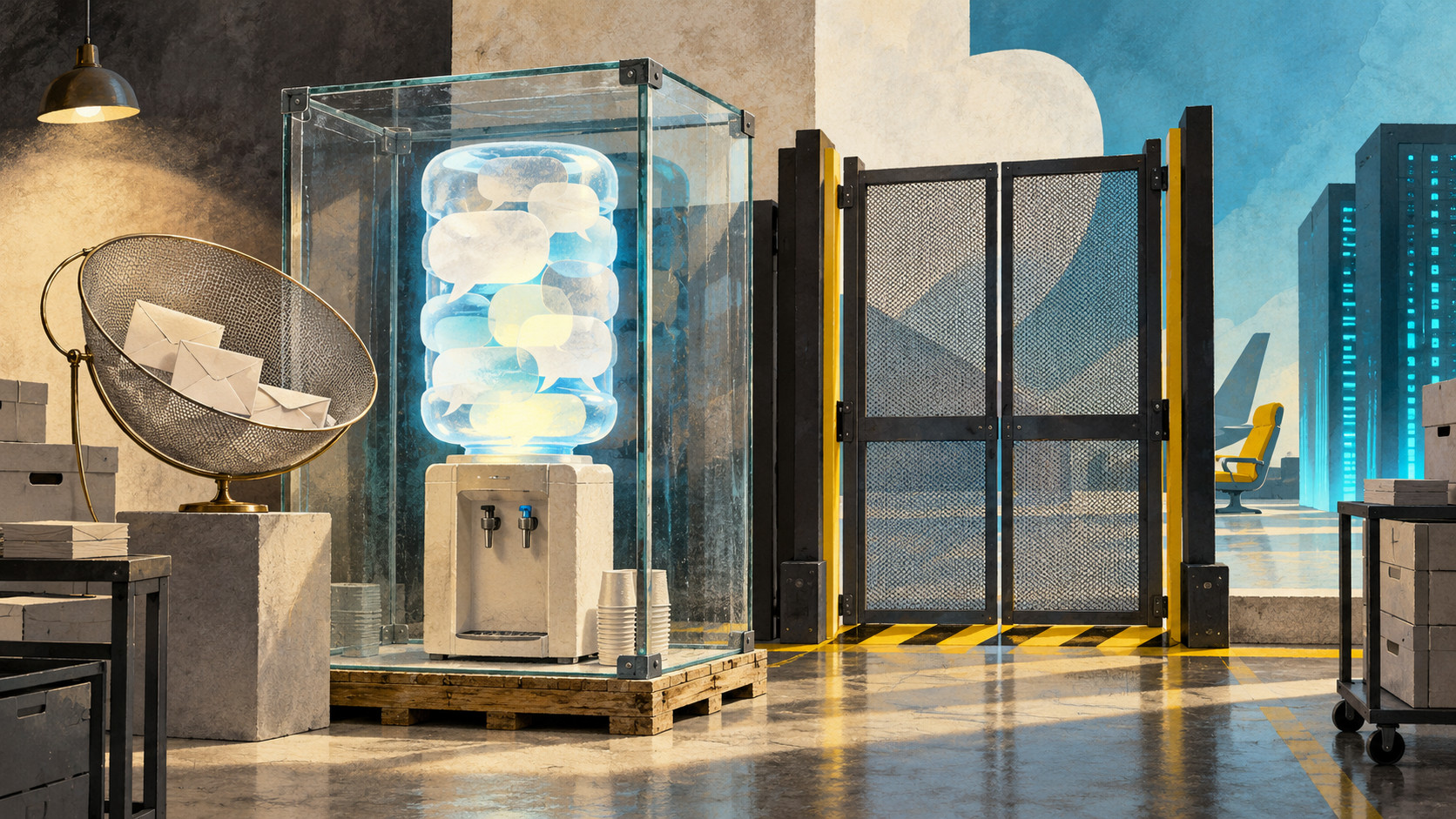 A speech-bubble watercooler waits inside a glass archival crate beside a closed transfer gate. A mesh sieve holds blank envelopes, with a yellow airline seat and cyan servers beyond.