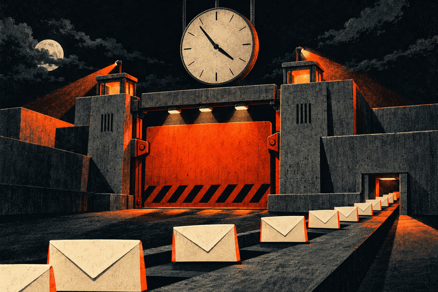Cream envelopes bypass a massive orange security gate through a small unguarded hatch beneath a looming clock at a dark brutalist checkpoint