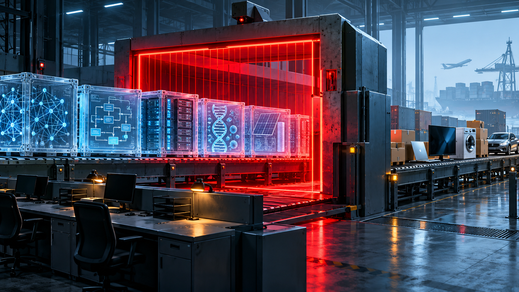 Conceptual editorial illustration of a red customs scanner stopping transparent crates containing AI graphs, agent workflows, server racks, a DNA helix and a solar blueprint while finished consumer products continue on a second conveyor. Not a photograph or depiction of an enacted final rule.