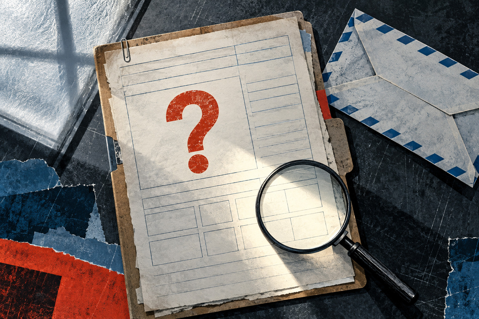 Editorial paper collage of a blank medical chart marked with a red question mark, a magnifying glass and a blue-edged envelope on a dark desk.