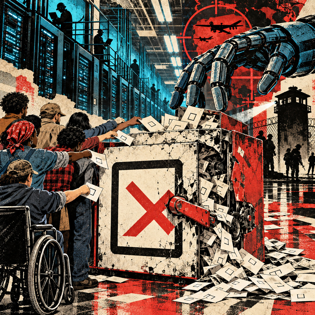 Stylized red, blue and cream collage of people placing blank ballots into a battered machine marked with a red X, beneath a robot hand, server racks, drone silhouettes and a watchtower.