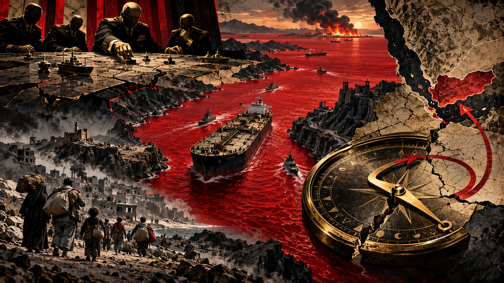 A blood-red Red Sea narrows around an oil tanker while brass military planners move pieces above a cracked map, displaced families walk away below, and a broken compass points back toward Yemen.