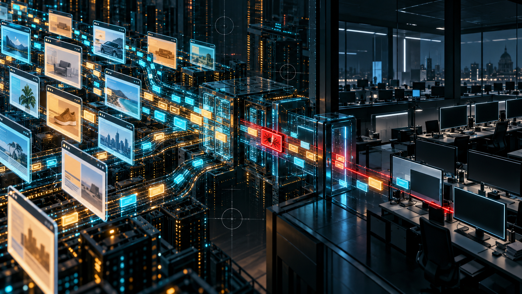 Conceptual AI-generated illustration of glowing advertisement panels routing a red bug-marked payload toward computers in a dark newsroom; not documentary evidence.