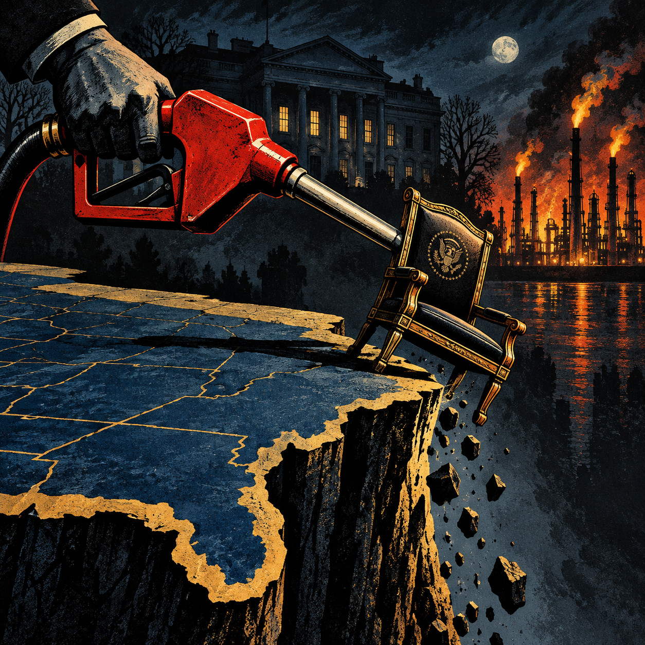 AI-generated editorial illustration of a giant red diesel nozzle pushing an empty presidential chair off a blue-and-gold map-like ledge, with refinery flames and the White House in the background.