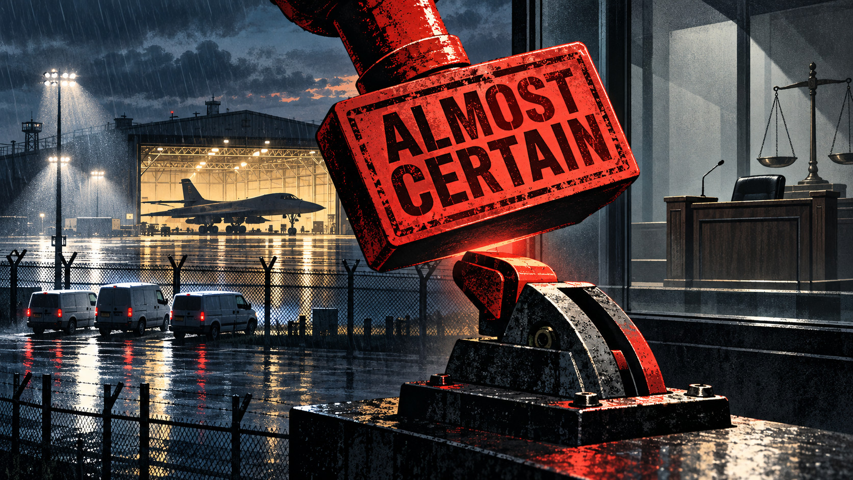Editorial illustration: a giant red ALMOST CERTAIN stamp above a lever outside a rain-soaked air base, with three white vans, a bomber hangar and an empty courtroom behind glass.