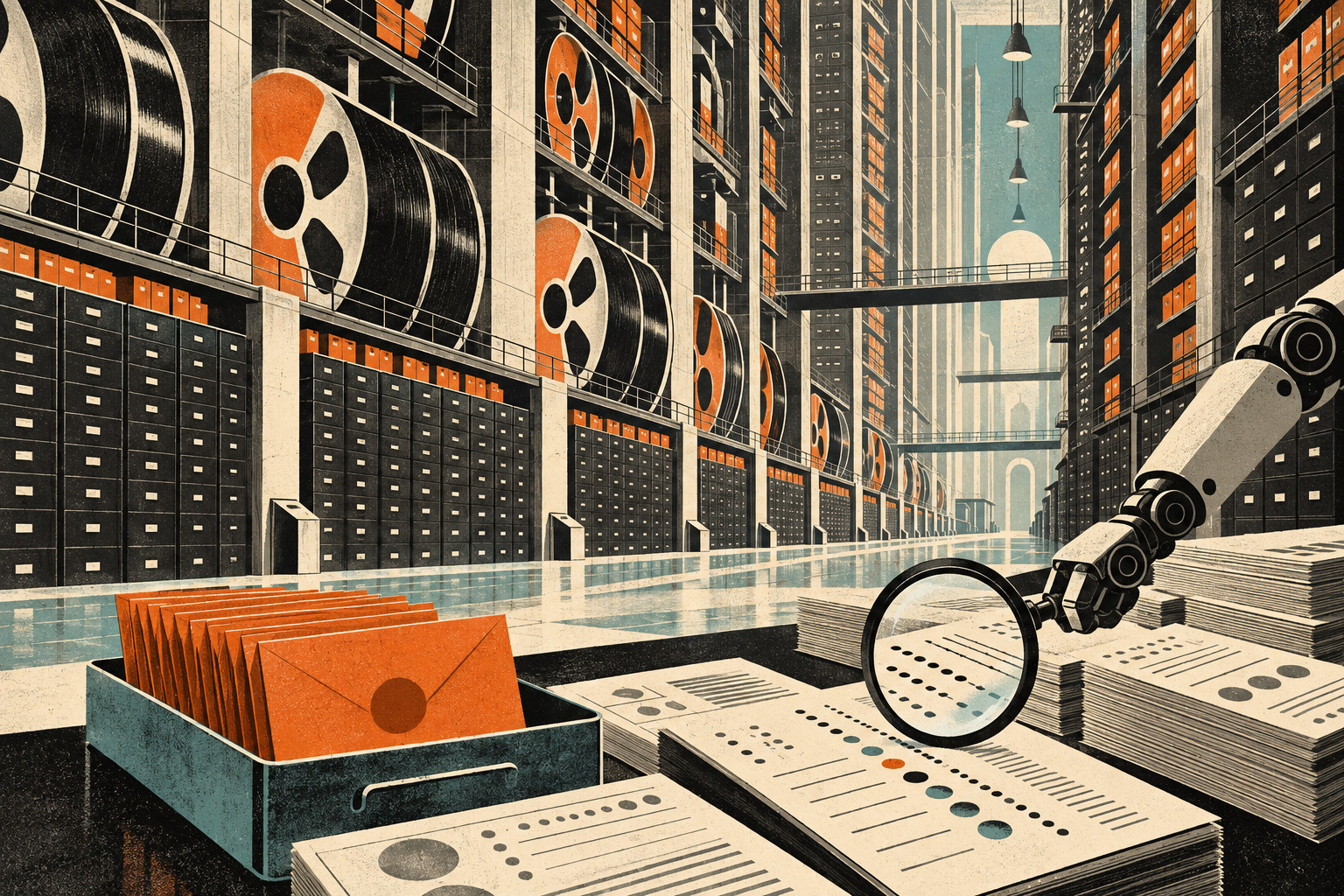 A robotic arm examines paper logs through a magnifying glass beside orange notification envelopes in a vast retrofuturist archive of magnetic tapes and file drawers.