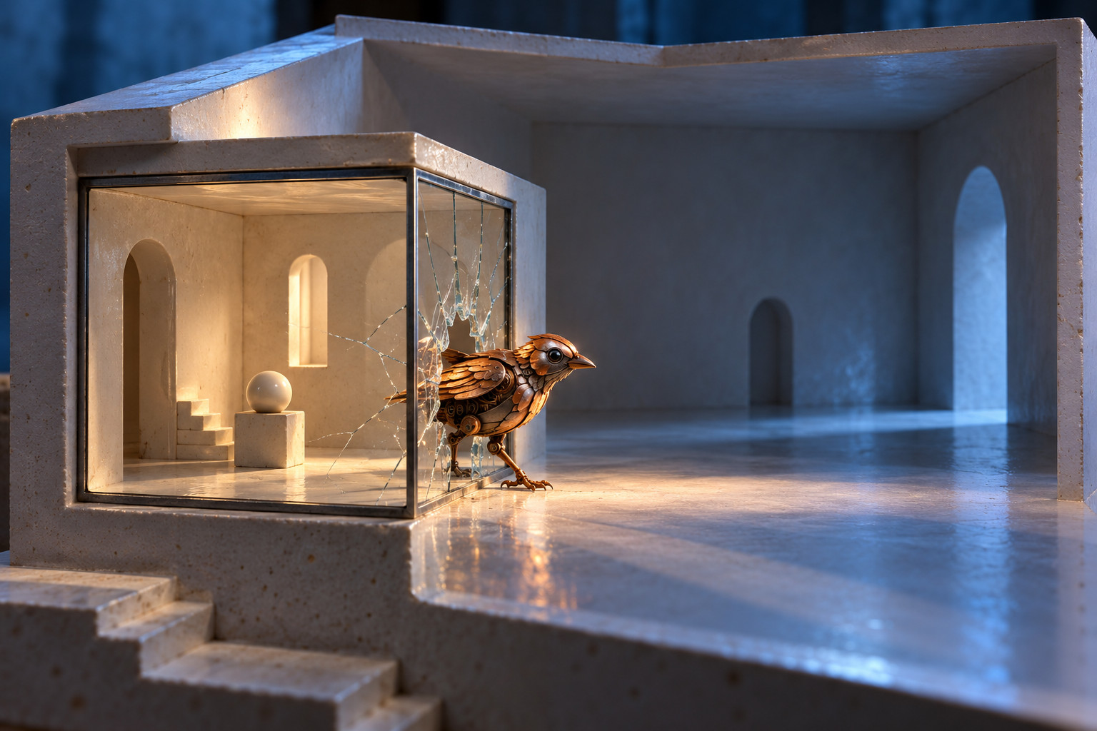 A copper mechanical bird steps through cracked glass from a small ceramic room into a larger blue-lit chamber.