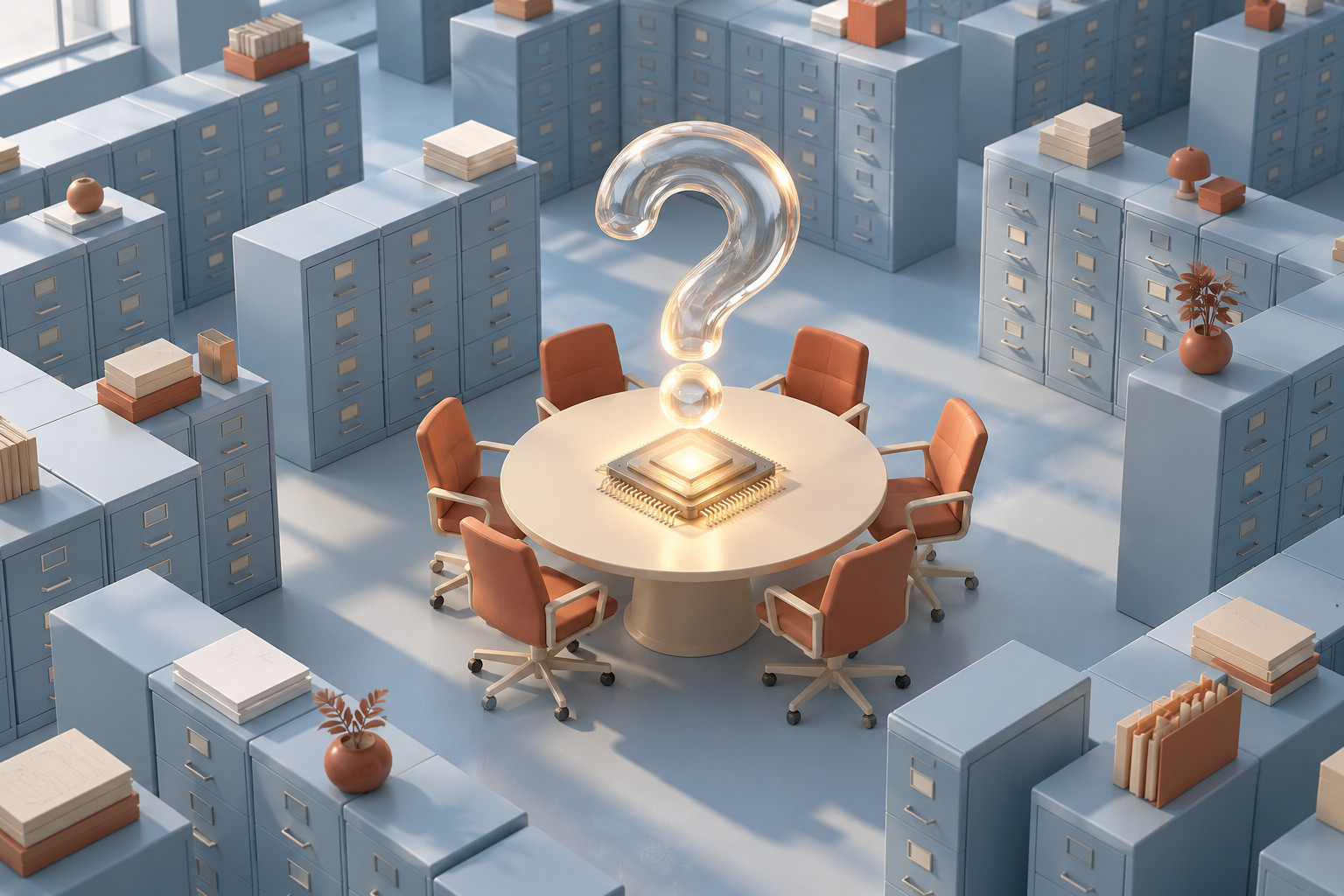 A giant glass question mark floats above a glowing microchip on a round conference table, surrounded by empty terracotta chairs and a maze of powder-blue filing cabinets.