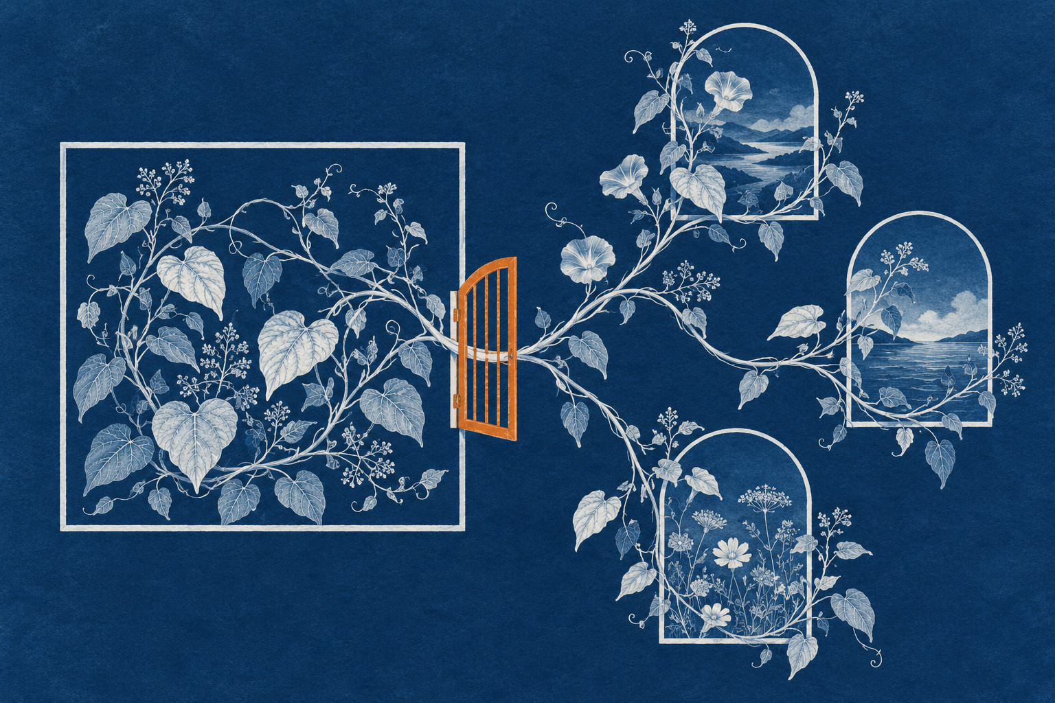 White botanical vines cross a partly open orange gate in a square boundary and branch toward three arched window-shaped trellises on indigo paper.